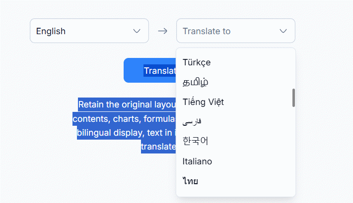Chọn ngôn ngữ dịch PDF trên NoteGPT