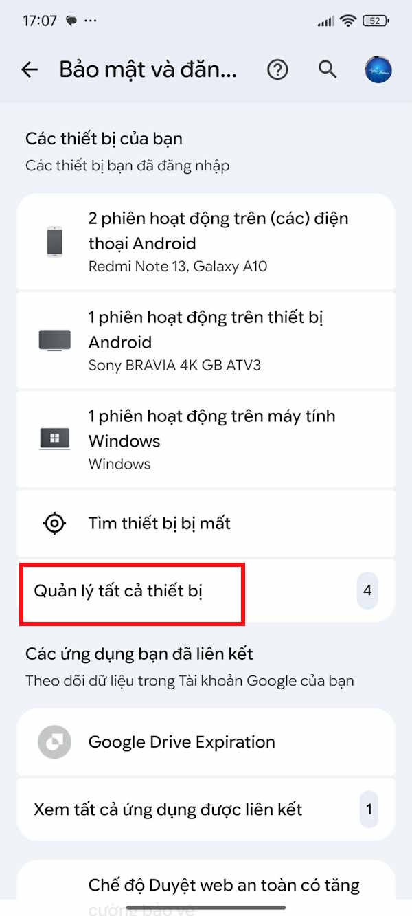Quản lý thiết bị đăng nhập Google 