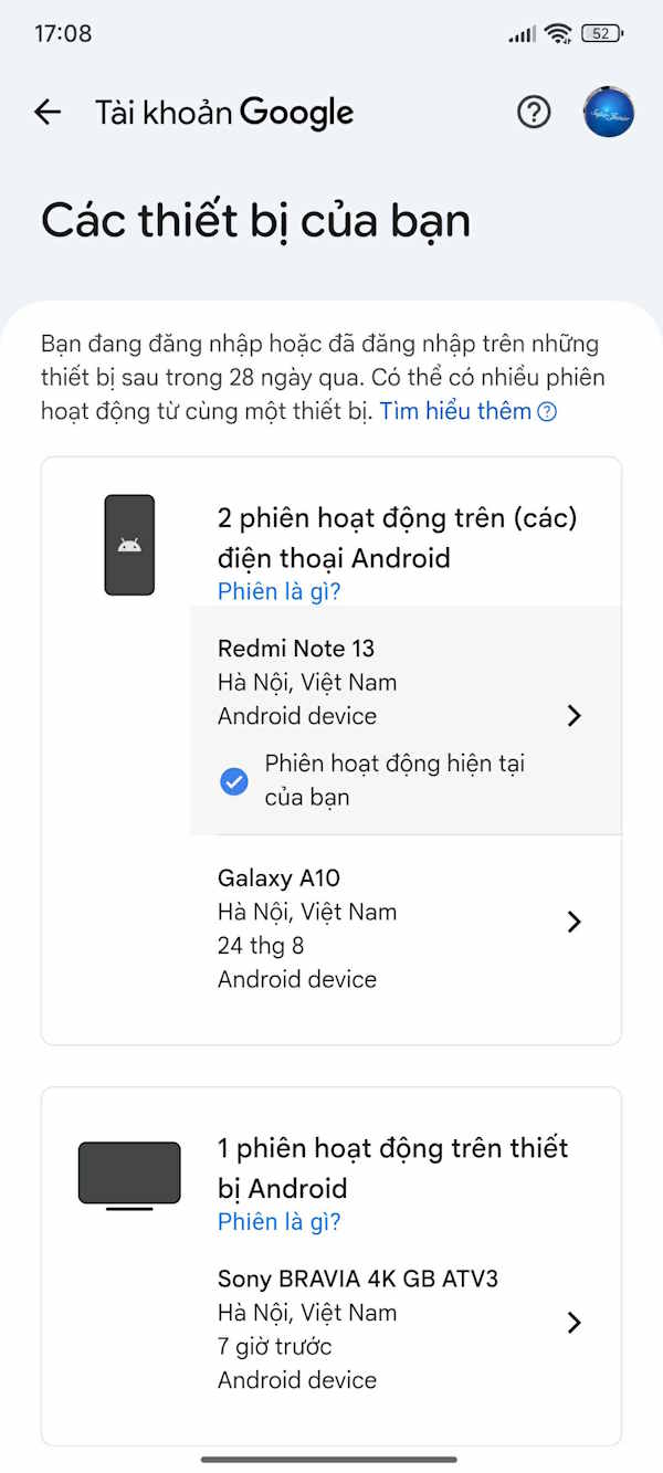 Danh sách thiết bị đăng nhập Google 