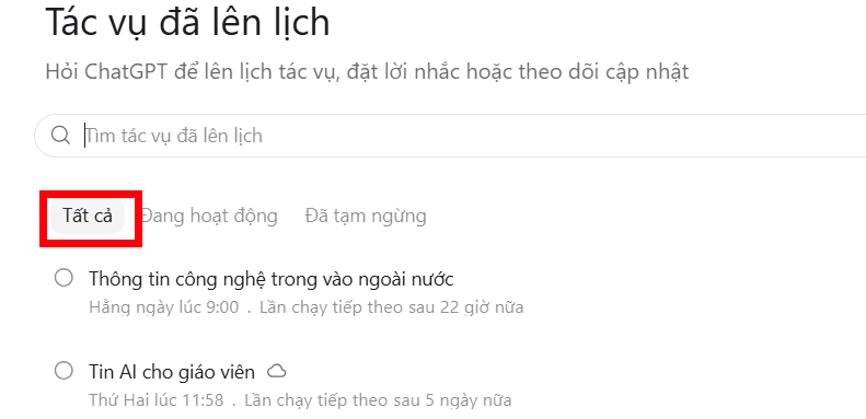 Danh sách nhiệm vụ lên lịch trên ChatGPT