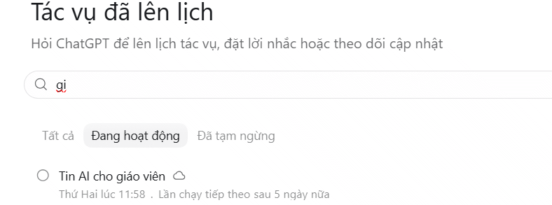 Tìm kiếm nhiệm vụ lên lịch trên ChatGPT