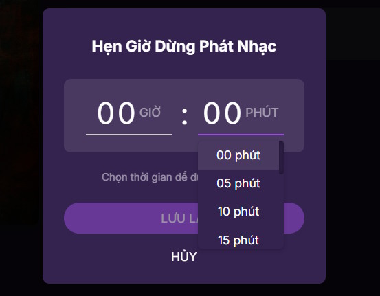 Chọn giờ hẹn tắt nhạc trên Zing MP3 web