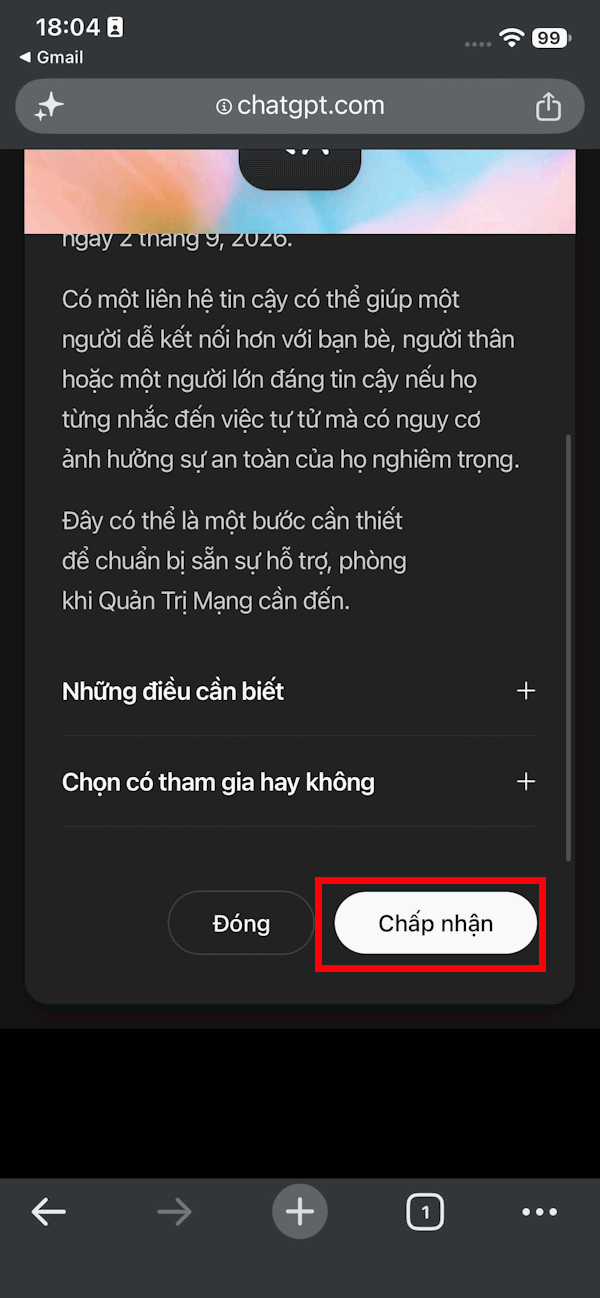 Xác nhận liên hệ tin cậy ChatGPT đã thêm