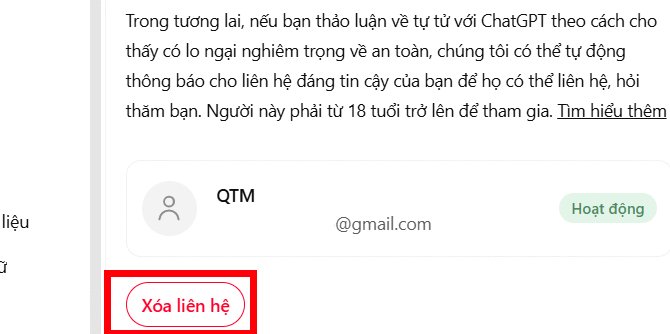 Xác nhận liên hệ tin cậy ChatGPT đã thêm