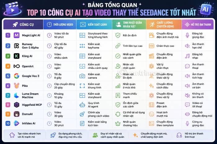 Bảng tổng quan các công cụ AI thay thế Seedance nổi bật nhất