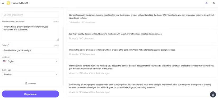 Công cụ AI Feature to Benefit trên Writesonic