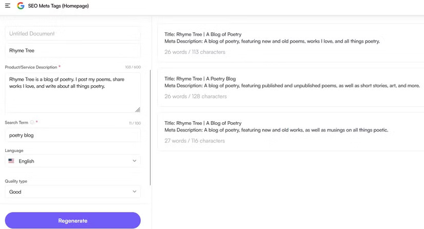 Writesonic tạo tag Meta SEO cho trang chủ