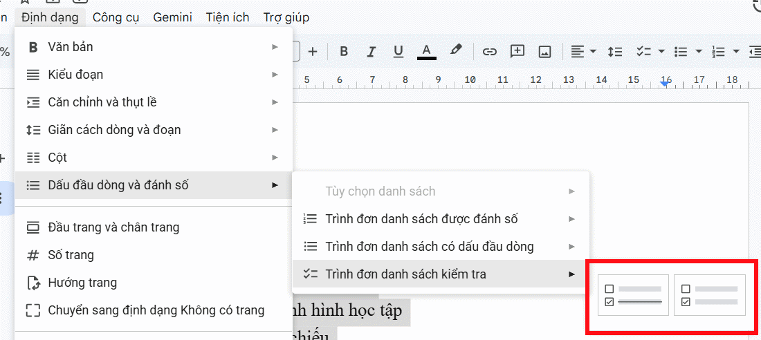 Tạo checklist Google Docs qua Định dạng