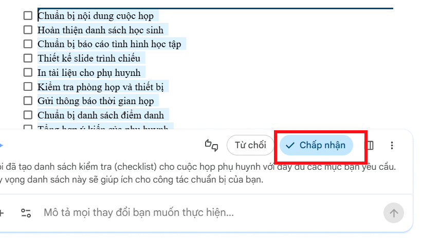 Checklist Google Docs tạo bằng Gemini