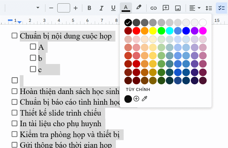 Chọn màu checklist Google Docs