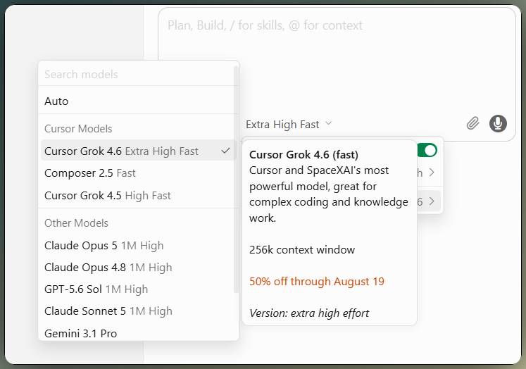 Grok 4.6 Fast được chọn trong Cursor