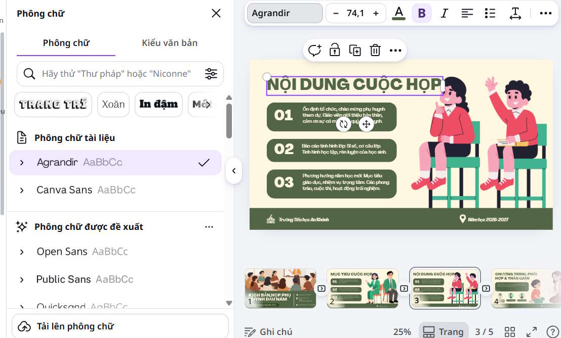 Chỉnh sửa slide họp phụ huynh trên Canva AI