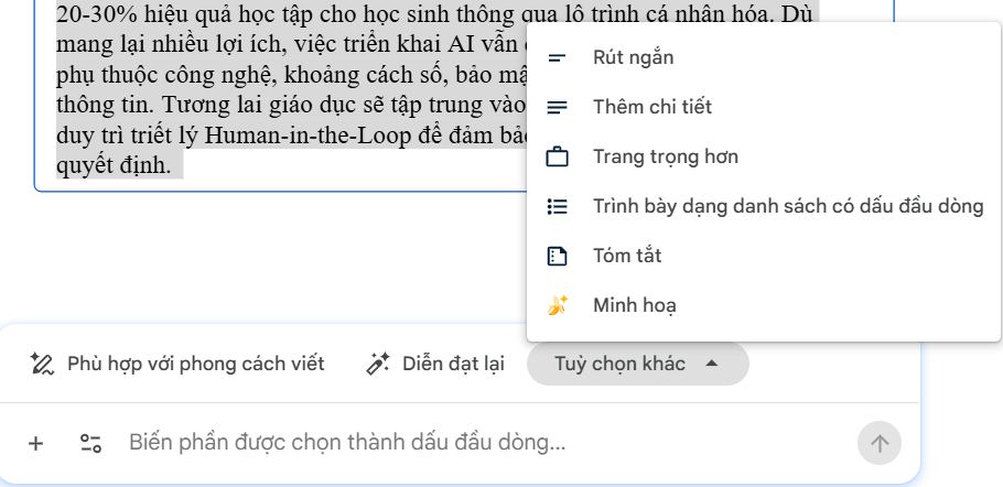 Chỉnh nội dung tóm tắt AI trên Google Docs