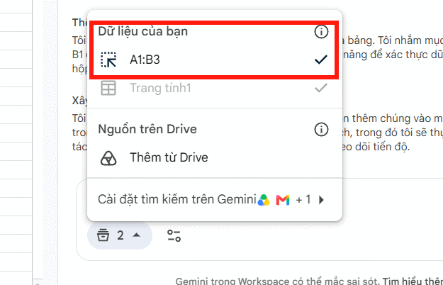 Dữ liệu tạo checkbox Google Sheets