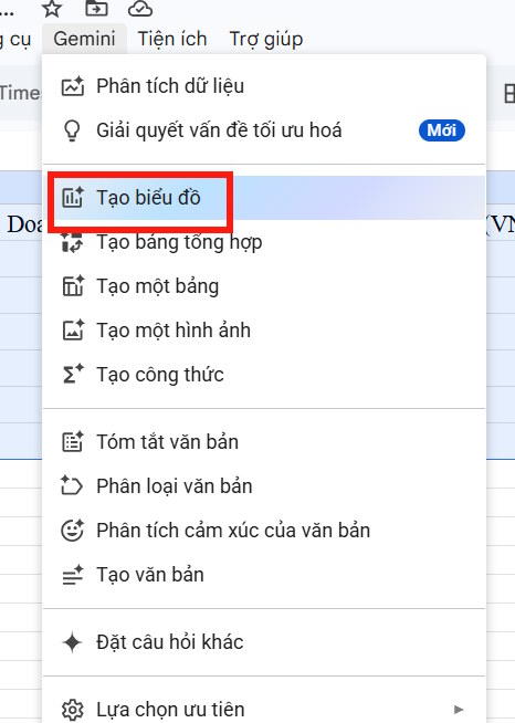 Tạo biểu đồ bằng Gemini Google Sheets