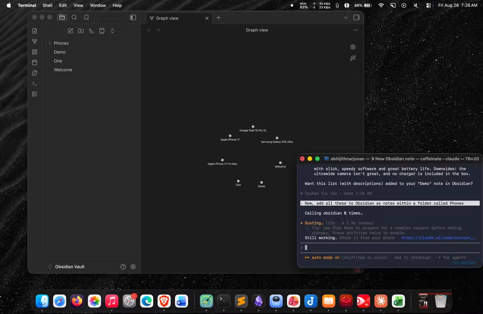 Obsidian hiển thị chế độ Graph view với cửa sổ dòng lệnh (terminal) ở bên phải