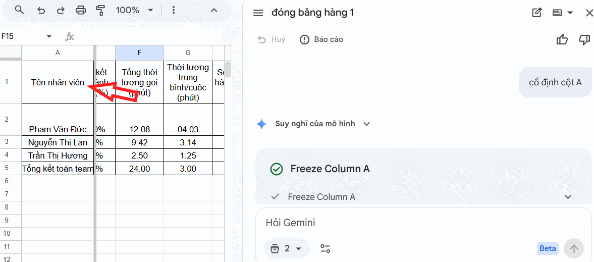 Cố định cột Google Sheets bằng Gemini