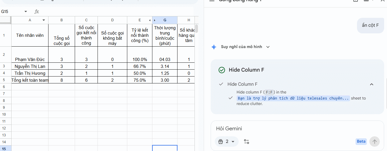 Ẩn hàng, cột Google Sheets bằng Gemini