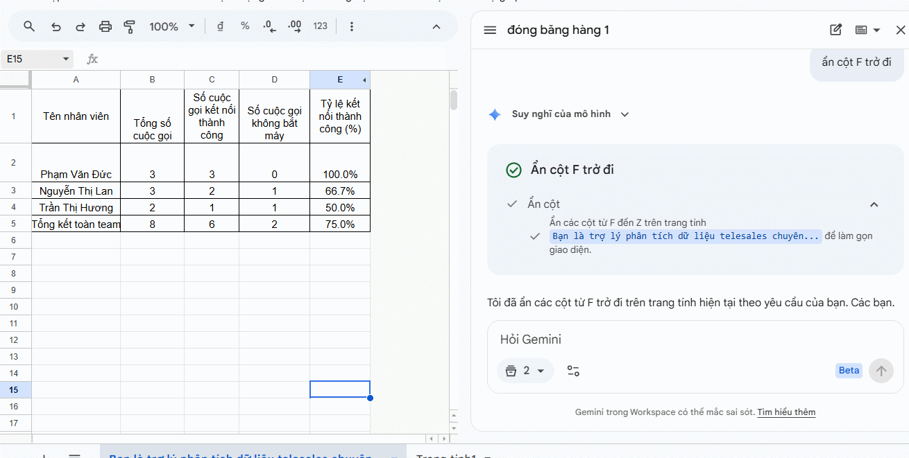 Ẩn vùng dữ liệu Google Sheets bằng Gemini