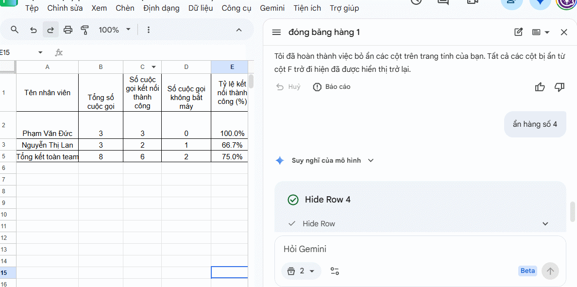 Ẩn hàng Google Sheets bằng Gemini