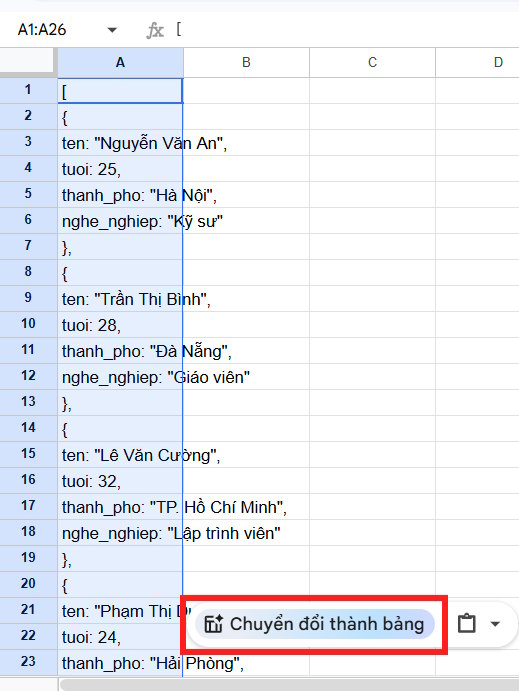 Dữ liệu JSON trong Google Sheets