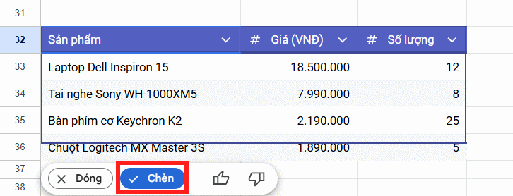 Bảng dữ liệu từ văn bản trong Google Sheets
