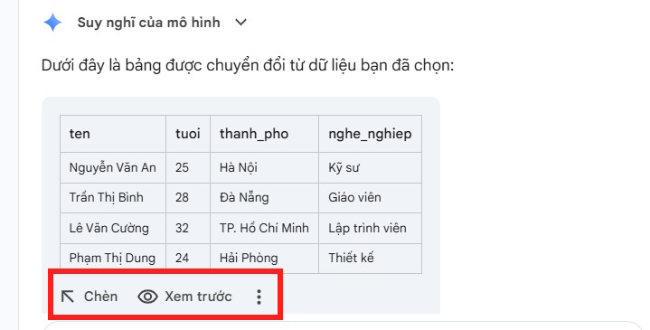 Bảng xem trước trong Google Sheets