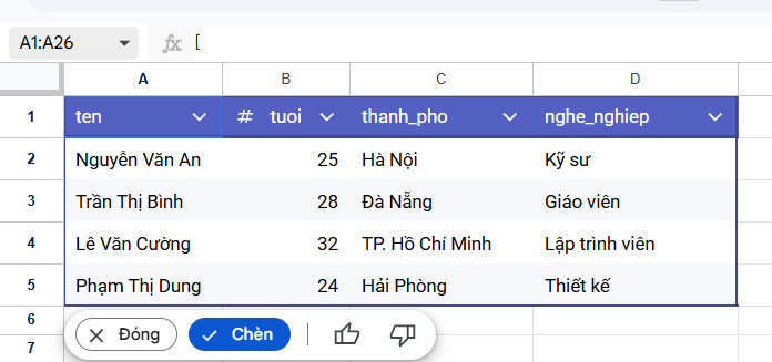 Tùy chọn bảng trong Google Sheets