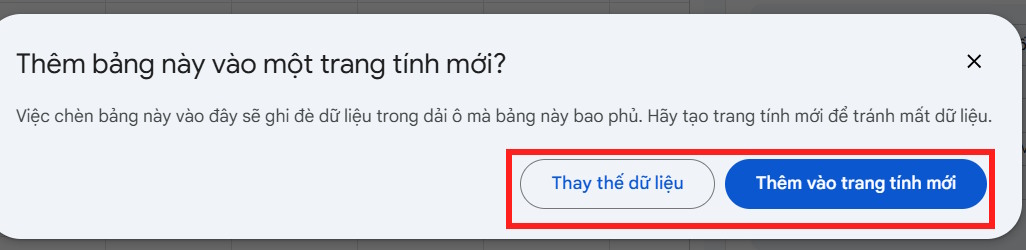 Tùy chọn chèn dữ liệu trong Google Sheets