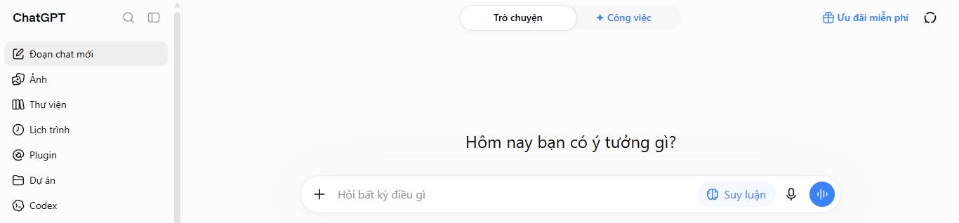 Một phần cuộc trò chuyện trên ChatGPT với các thẻ Trò chuyện và Công việc.
