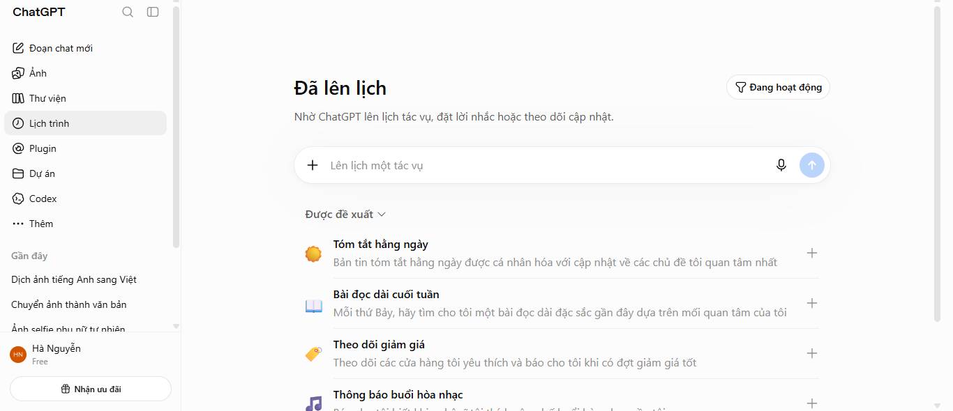 Trang chủ quản lý tác vụ theo lịch trình của ChatGPT, với mục "Đã lên lịch" ở bảng điều khiển bên cạnh.