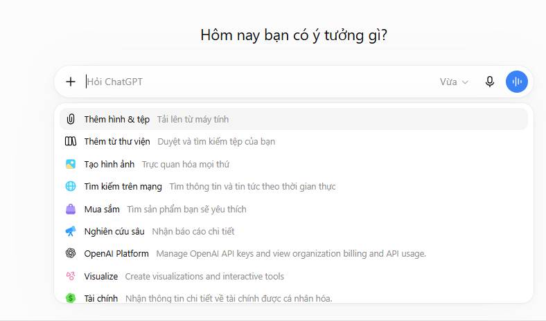 Giao diện mở rộng của menu thêm file và các tùy chọn khác trên thanh nhập liệu trong cuộc trò chuyện với ChatGPT.