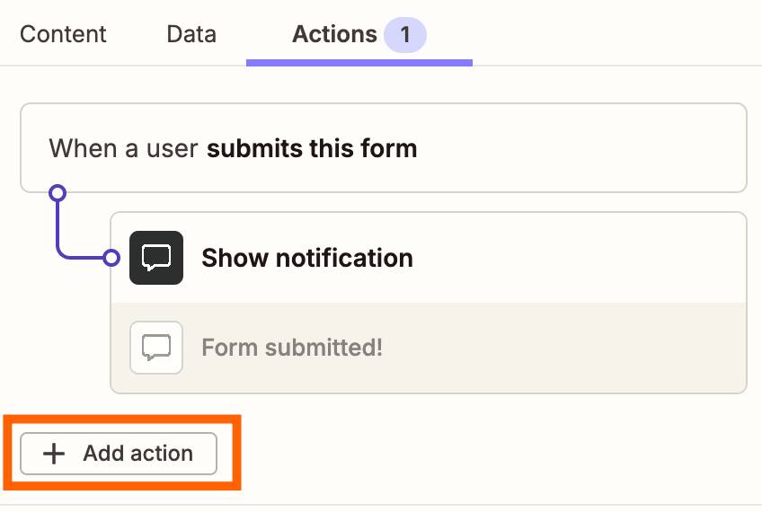 Tab Actions hiển thị trình kích hoạt (trigger) khi gửi biểu mẫu, bước hiển thị thông báo (Show notification) và nút Add action