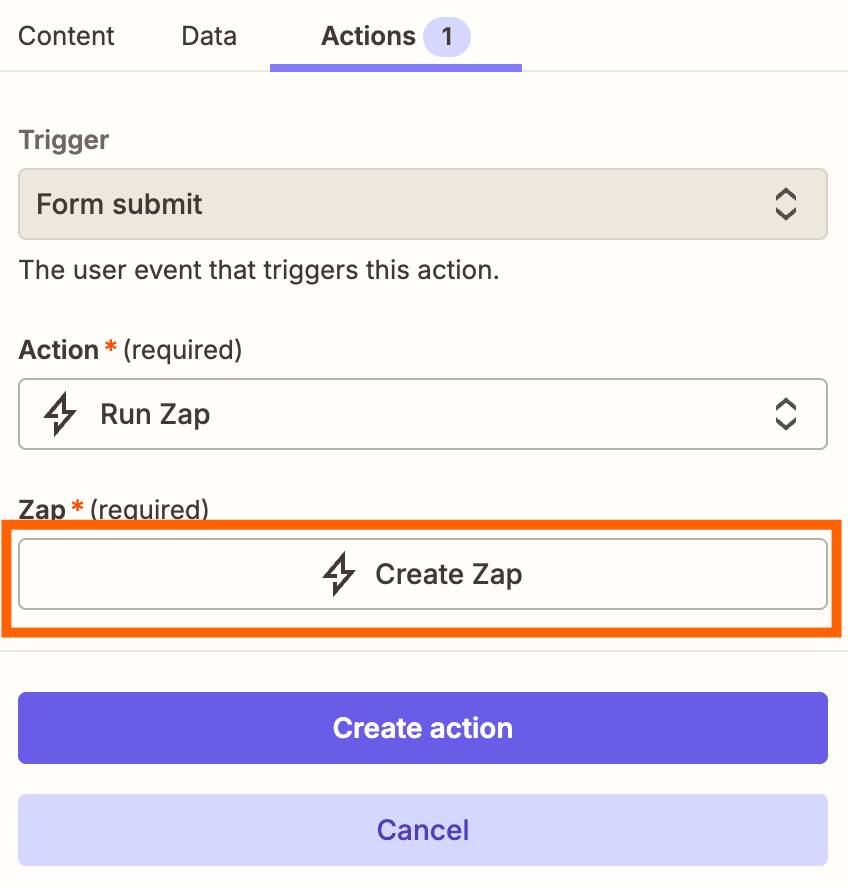 Tab Actions với trình kích hoạt Form submit, tùy chọn Run Zap đã được chọn, và nút Create Zap được làm nổi bật nằm phía trên nút Create action