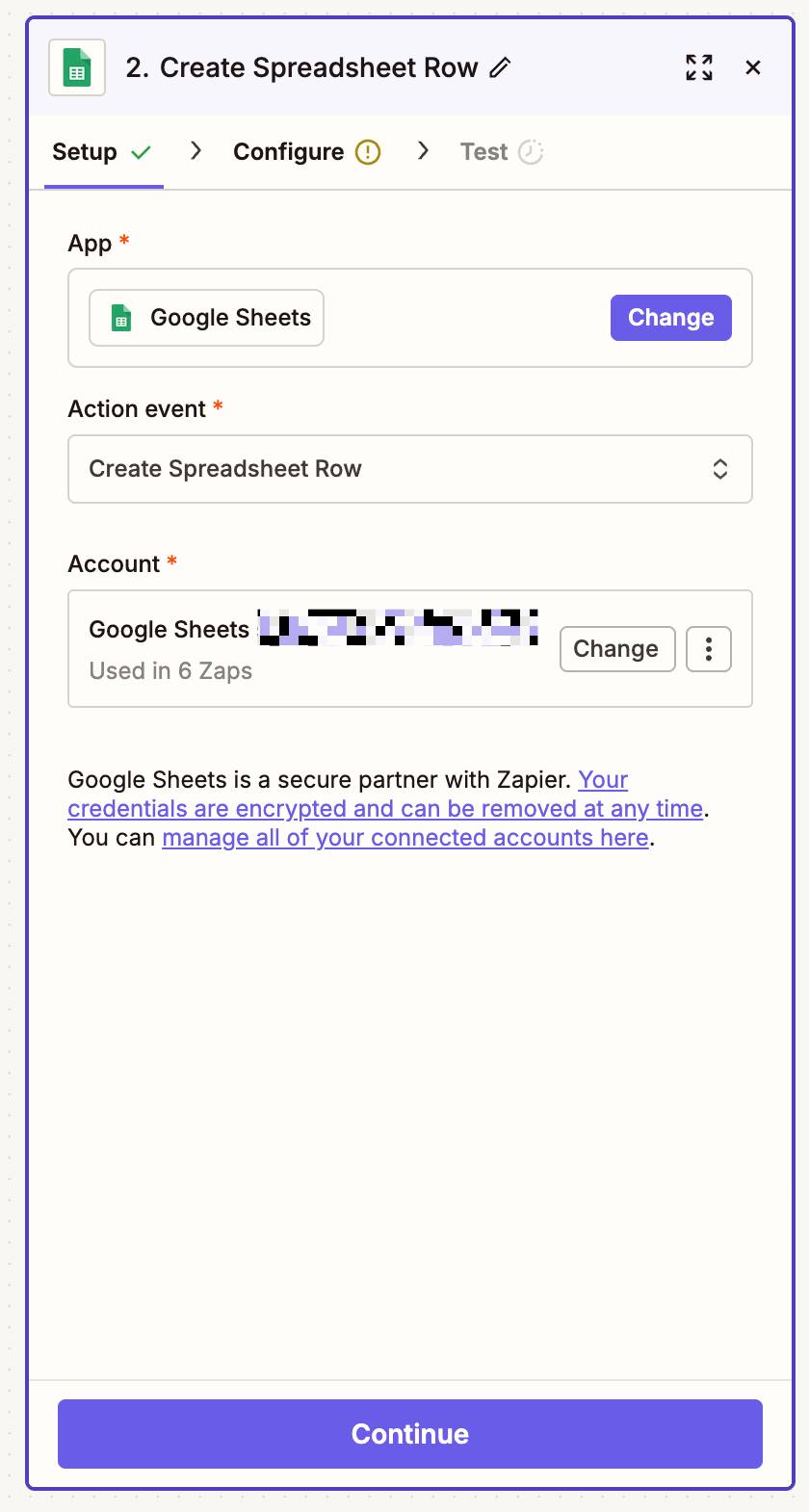 Trình chỉnh sửa Zap hiển thị bước "Create Spreadsheet Row" cho Google Sheets, với tài khoản đã được chọn và nút "Continue" 