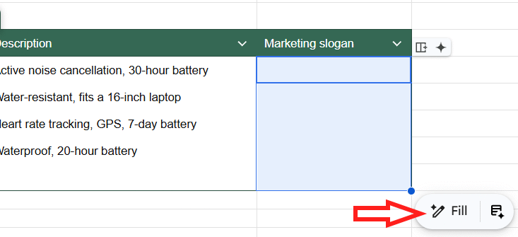 Sử dụng Fill Gemini trong Sheets