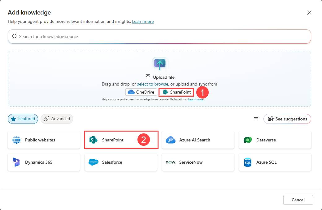 Hộp thoại Add knowledge với hai tùy chọn SharePoint.