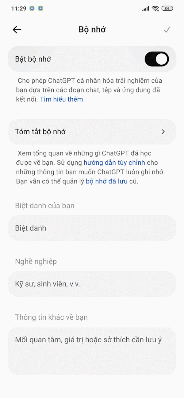 Chỉnh bộ nhớ ChatGPT