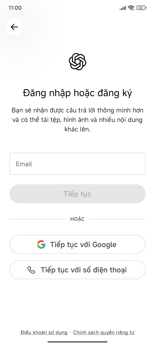 Nhập email đăng ký ChatGPT