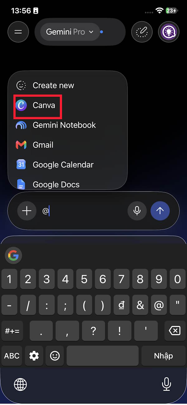 Chọn Canva trong Gemini