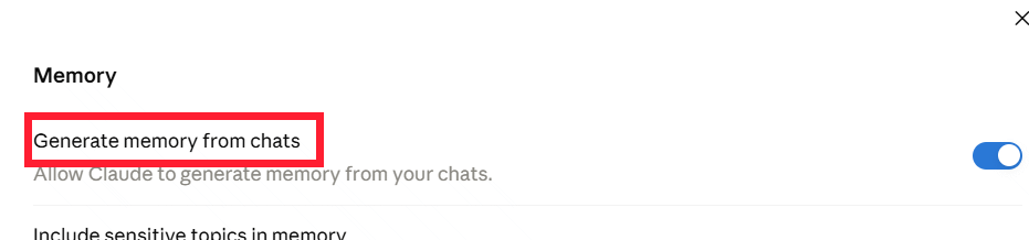 Tắt Generate memory from chat history Claude