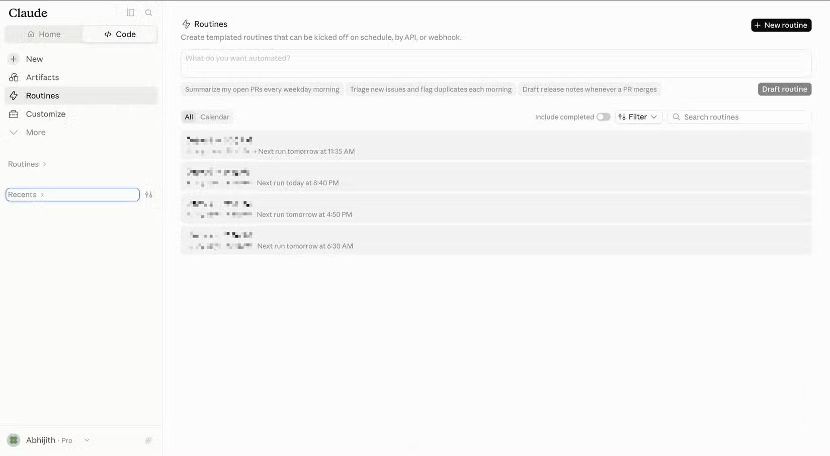 Claude Code Web hiển thị các quy trình (routine) và tác vụ theo lịch trình
