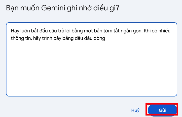 Nội dung chỉ dẫn trả lời trên Gemini