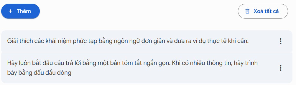Danh sách chỉ dẫn trả lời trên Gemini
