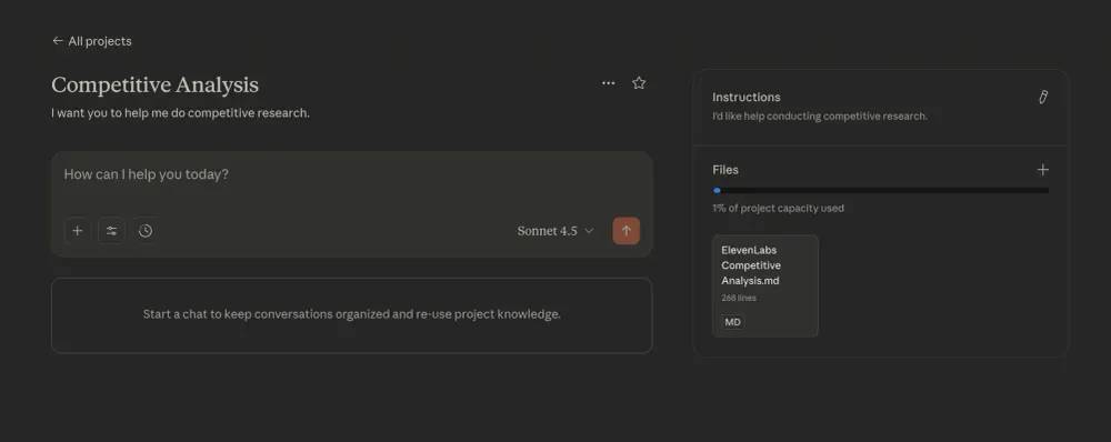 Giao diện thiết lập Claude Project, hiển thị phần hướng dẫn tùy chỉnh và khu vực upload file lên.