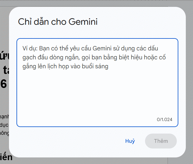 Giao diện thêm chỉ dẫn trả lời Gemini trong Docs