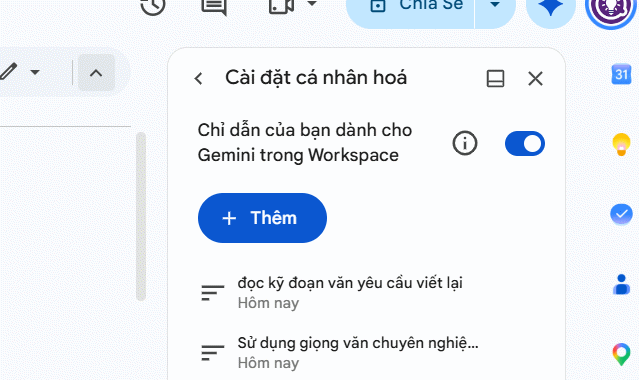 Danh sách chỉ dẫn trả lời Gemini trong Docs