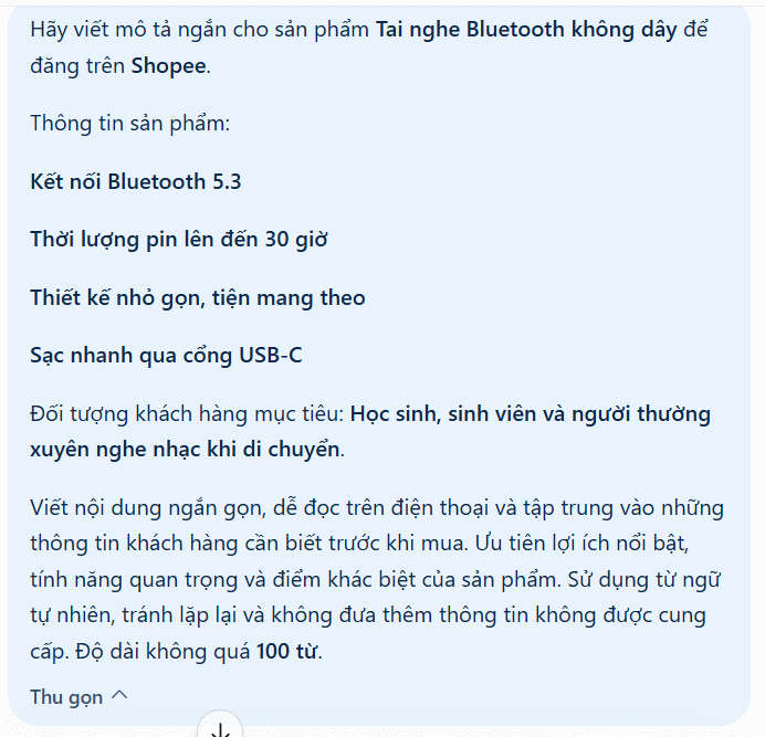 Prompt viết mô tả sản phẩm dạng ngắn cho sàn thương mại điện tử