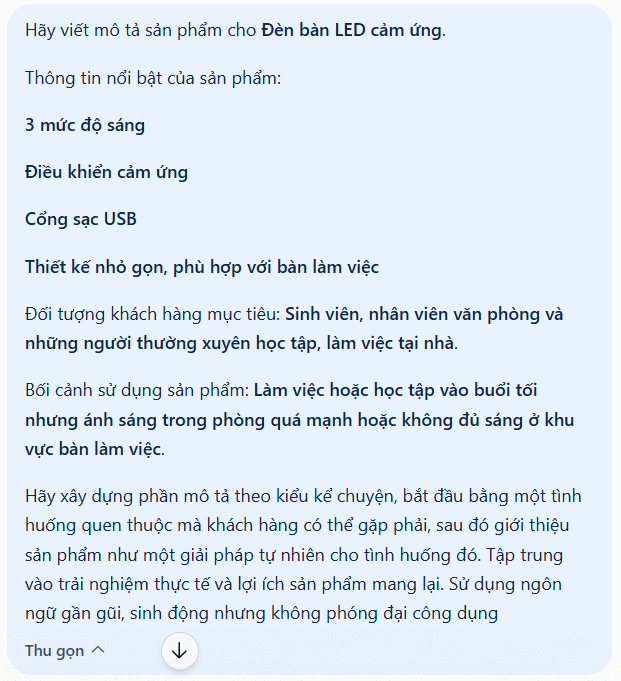 Prompt viết mô tả sản phẩm giải quyết vấn đề
