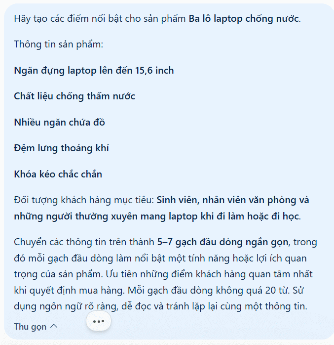 Prompt tạo các điểm nổi bật của sản phẩm